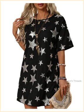 Women Sequin Star Sparkly Short Sleeve Summer Dress Concert Outfit